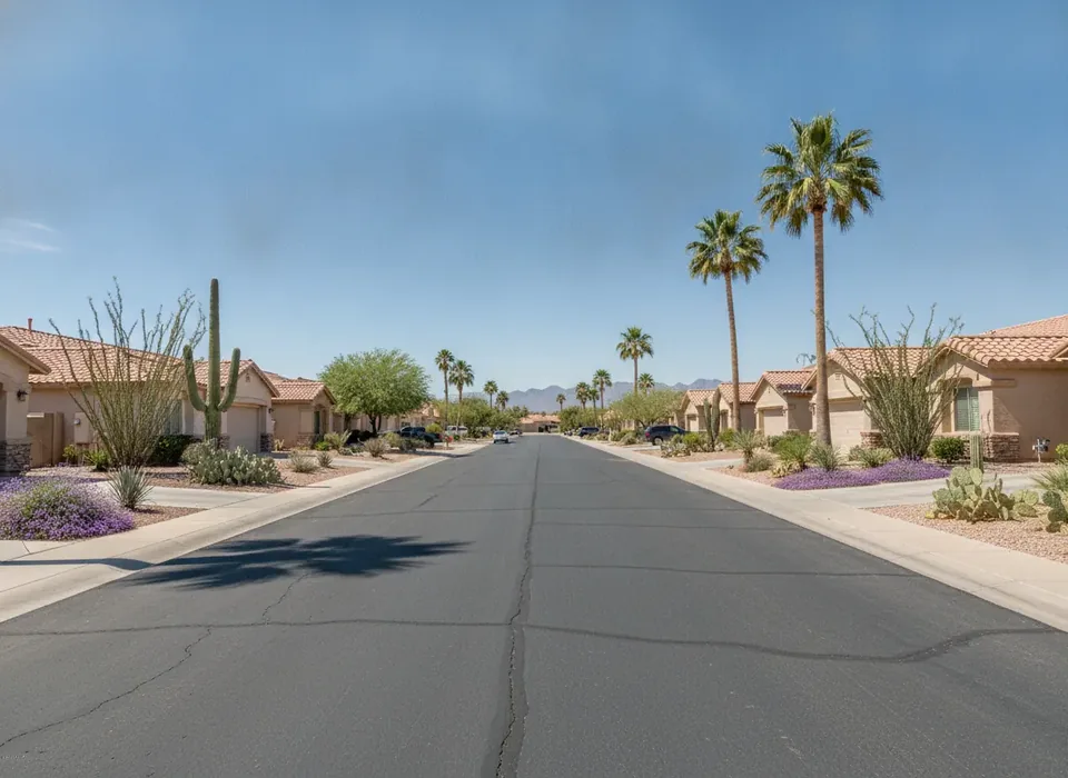 Chandler neighborhood street with stucco homes and palms