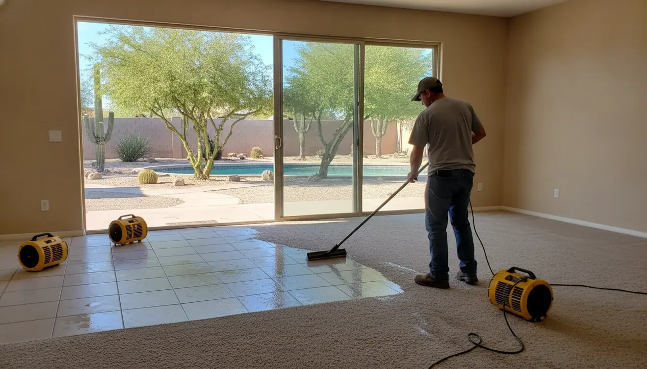 Technician extracting water from a wet floor in a Chandler home
