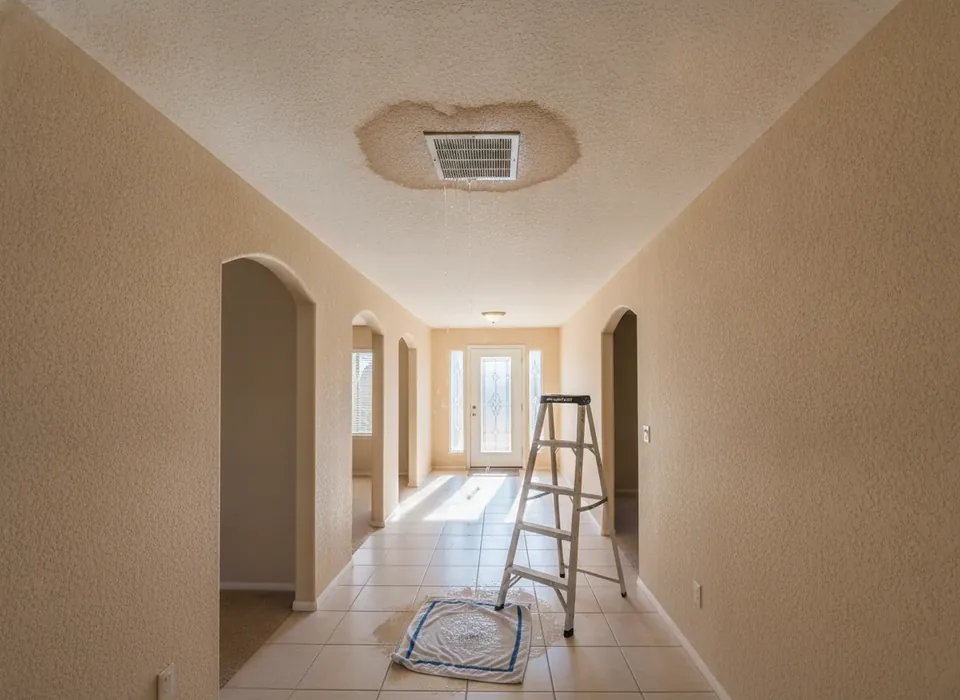 Water stain spreading around an AC grille in a hallway ceiling