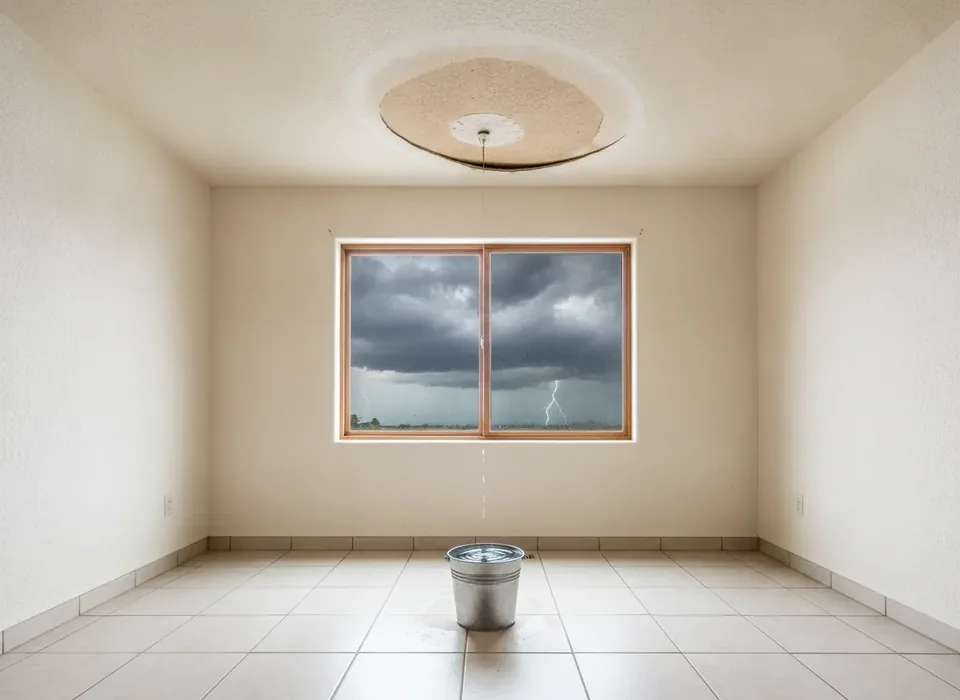 Water-stained ceiling dripping during a monsoon storm