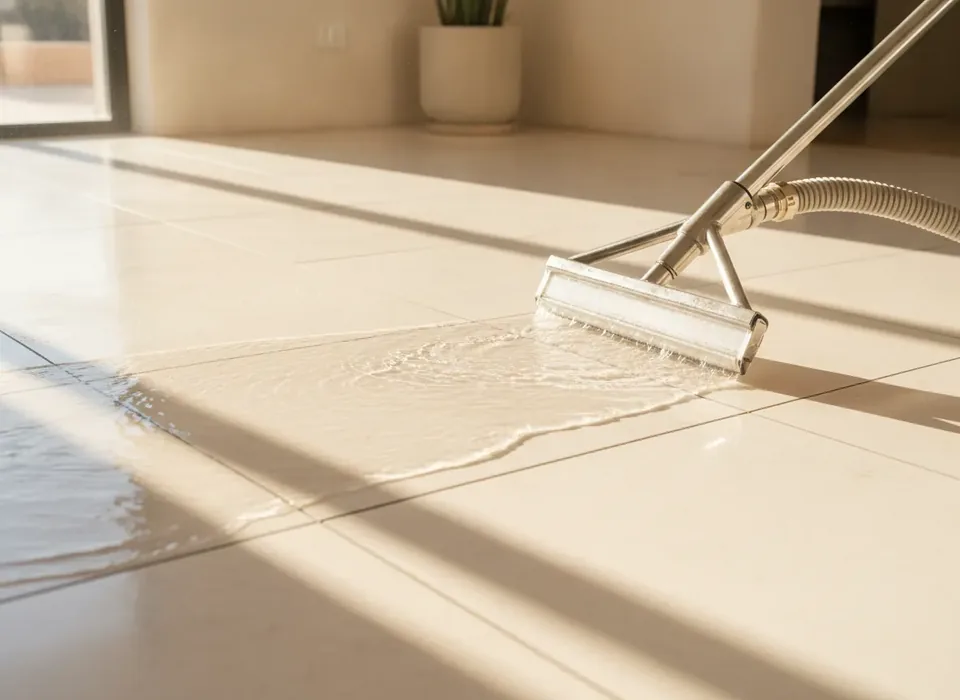 Extraction wand pulling standing water off a tile floor