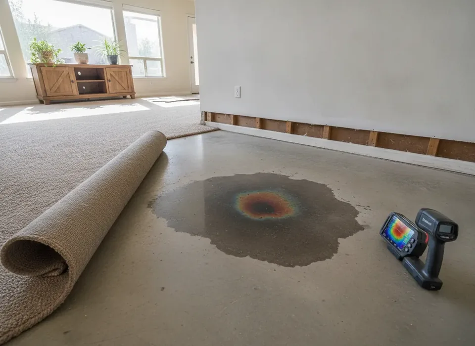 Wet patch on an exposed concrete slab from a slab leak